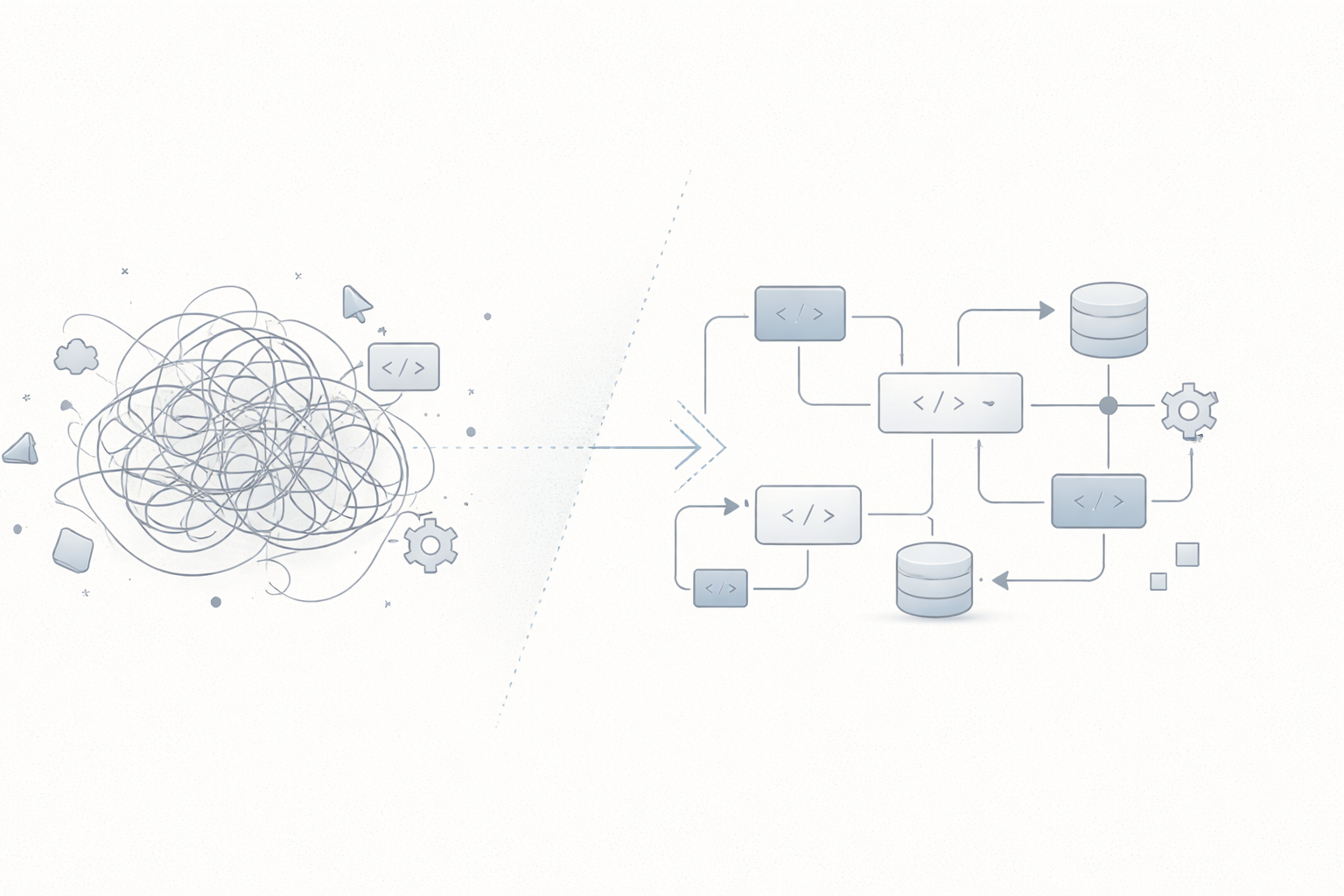 A tangled sketch resolving into a more structured software system.
